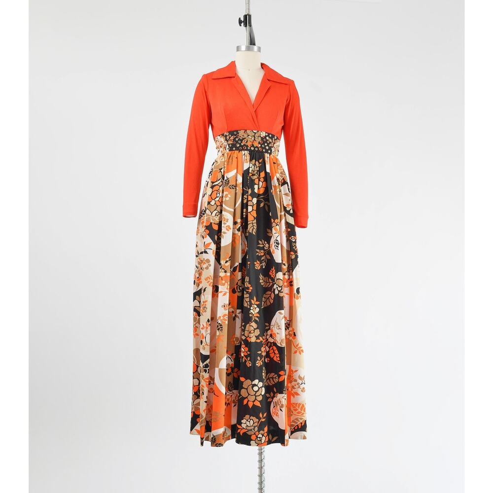 Vintage 70s Orange Floral Rhinestone Evening Gown Psychedelic Party Maxi Dress - Picture 2 of 8